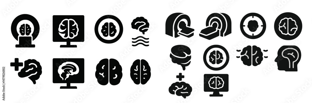 Poster collection of web icons featuring various brain illustrations for digital design projects