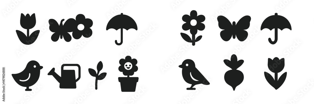 Poster collection of web icons featuring gardening elements and nature symbols in a simple black design