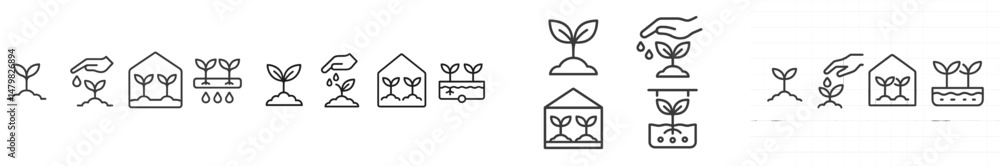 Poster set of minimalistic web icons illustrating plant growth and gardening concepts for digital platforms