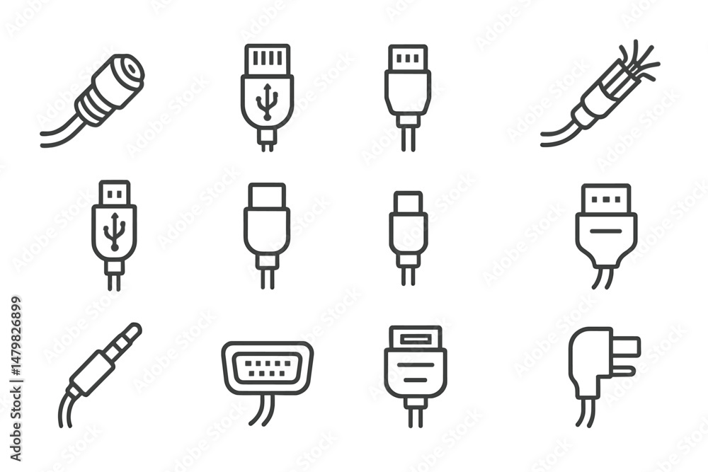 Fototapete Collection of web icons depicting various cable types and connectors arranged in a grid pattern for easy reference