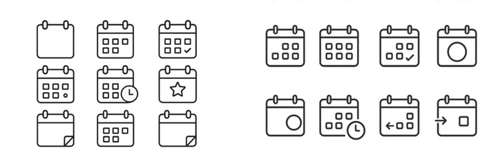 Collection of calendar web icons for scheduling and planning activities in various formats