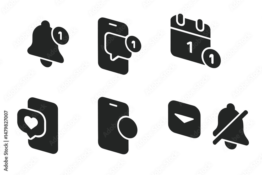 Fototapete Collection of web icons depicting notifications, phone messages, calendar events, and interaction symbols for user interface design