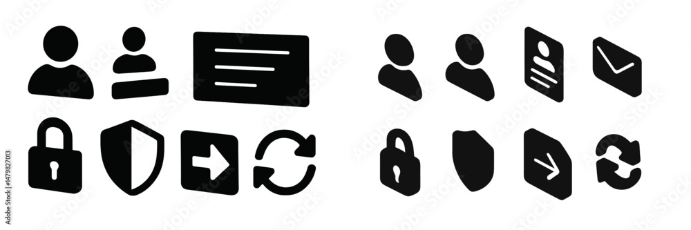 Poster set of web icons featuring user profiles, security elements, and navigation symbols designed for dig
