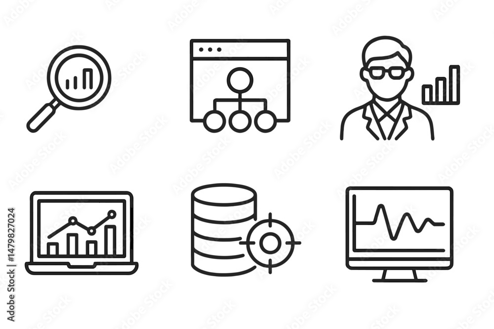 Poster essential web icons for data analysis and business analytics, featuring charts and user interfaces
