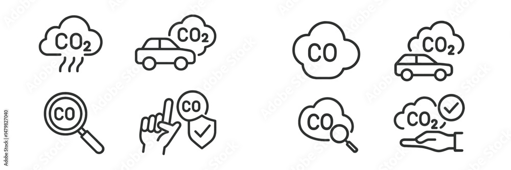 Poster collection of web icons representing carbon emissions and environmental impact in various forms for 
