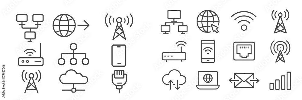 Poster set of web icons representing connectivity, communication, and technology for digital applications a
