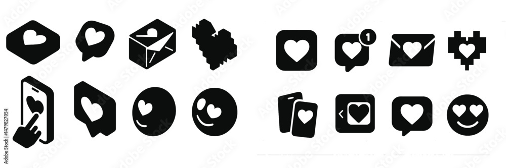 Poster Collection of web icons representing social media interactions and communication symbols with heart motifs