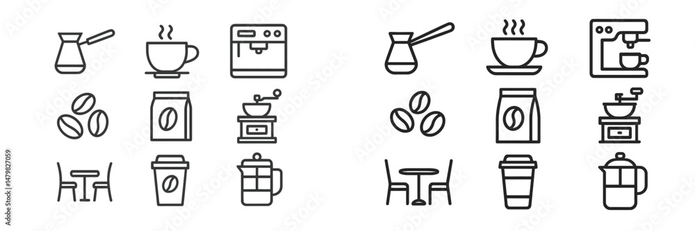 Poster Set of web icons representing coffee-related items including cups, machines, and coffee beans, ideal for use in digital design projects