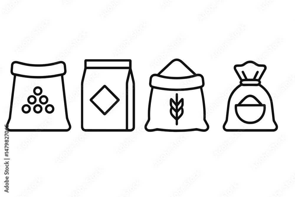 Poster collection of web icons representing different types of bags commonly used for packaging foods and p