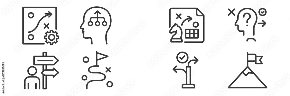 Poster collection of web icons representing strategy, planning, and navigation concepts