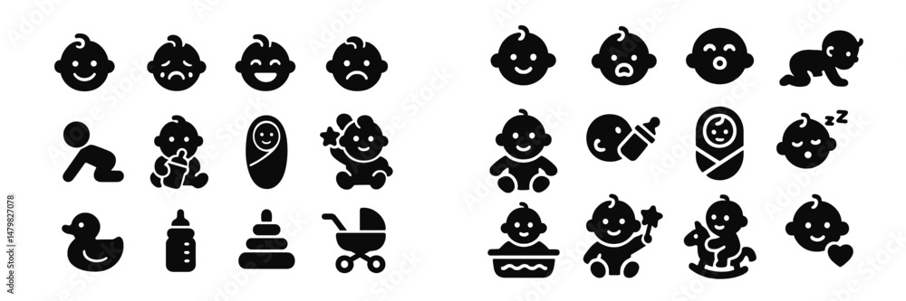 Poster collection of playful black and white web icons depicting various baby-related activities and items 