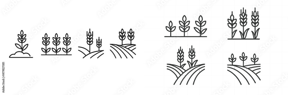 Poster Set of simplistic web icons representing various plant and crop designs suitable for agricultural and botanical themes