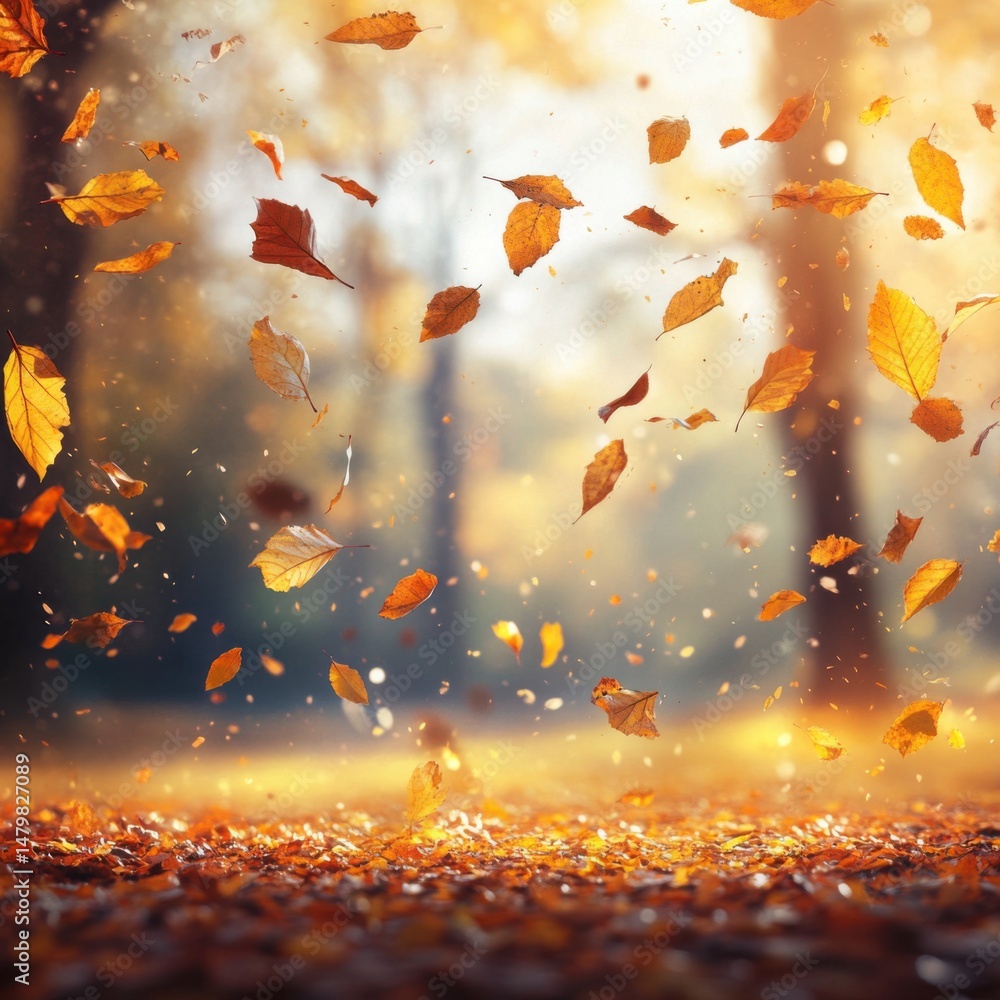 Aufkleber autumn leaves falling in forest landscape scenic view with golden light and bokeh effect shallow dep