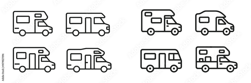 Poster set of minimalistic web icons featuring various designs of recreational vehicles and campers