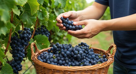 Harvesting grapes in vineyard