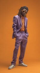 Fototapeta premium Man With Long Hair in Purple Suit on Warm Background is a high-quality stock photo concept ideal for business, lifestyle, education, advertising, and editorial use.