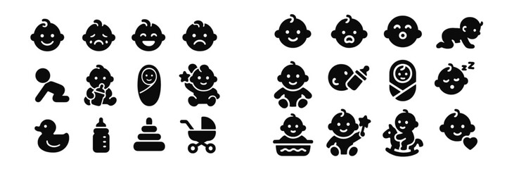Collection of playful black and white web icons depicting various baby-related activities and items for easy navigation and design use