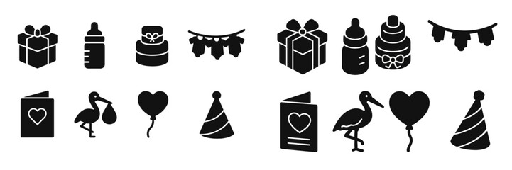 Set of black web icons featuring gifts, baby items, and celebration elements for digital use in various applications