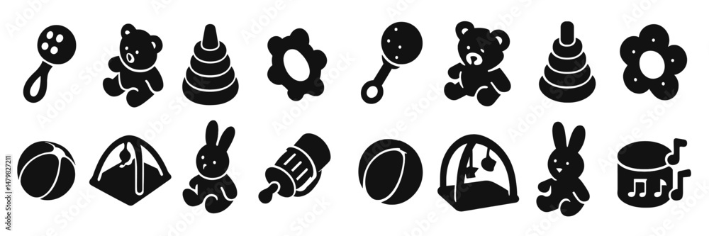 Aufkleber collection of black and white web icons featuring toys and children's items suitable for various app
