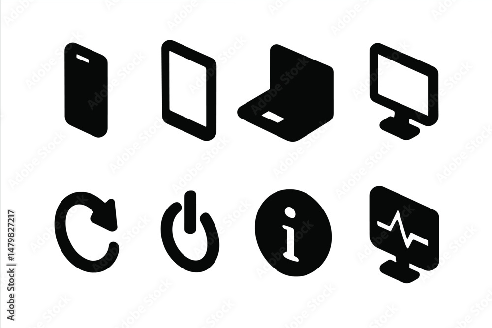 Poster collection of web icons featuring devices and functions for digital interfaces and applications