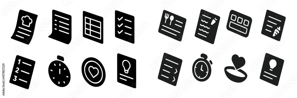 Poster set of web icons featuring various symbols for recipes, checklists, and cooking tools designed for e