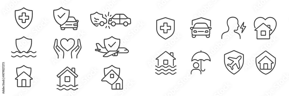 Poster Set of versatile web icons illustrating various insurance types and protection symbols for digital use in design projects