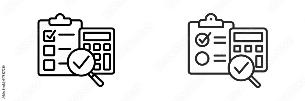 Poster set of outlined web icons representing checklists and calculators for digital interfaces and applica