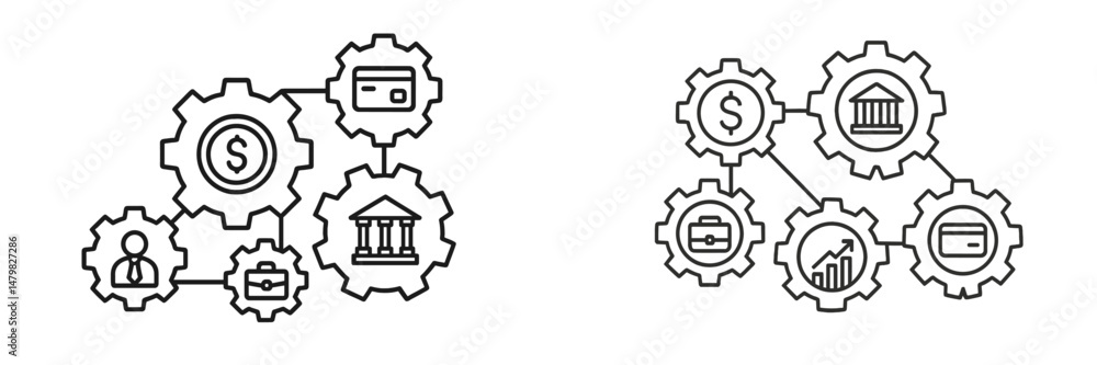 Poster Set of web icons depicting finance and banking concepts with interconnected gears for digital design projects