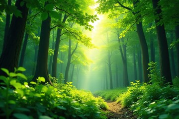 Obraz premium Lush green forest background, vibrant foliage, sunlight dappled through leaves , undergrowth, evergreen, flora