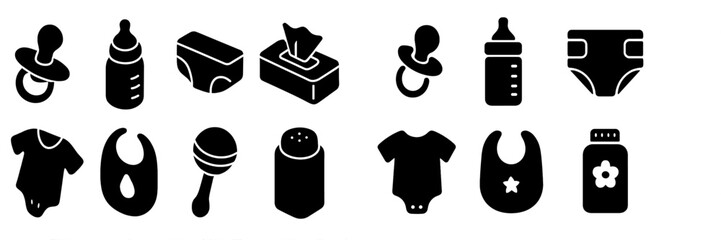 Collection of baby and toddler web icons representing essential items for early childhood care and parenting