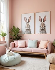 Adorable Rabbits in Pastel Pink Living Room Decor