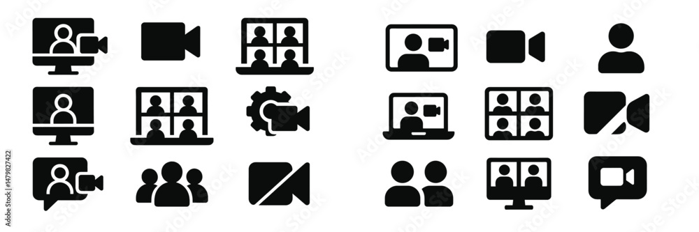 Poster collection of web icons representing online communication tools and video conferencing applications 