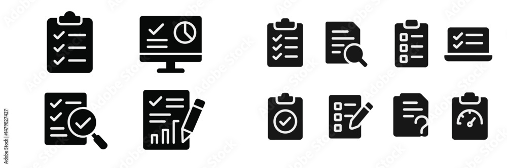 Poster collection of web icons illustrating various productivity and task management concepts for digital p