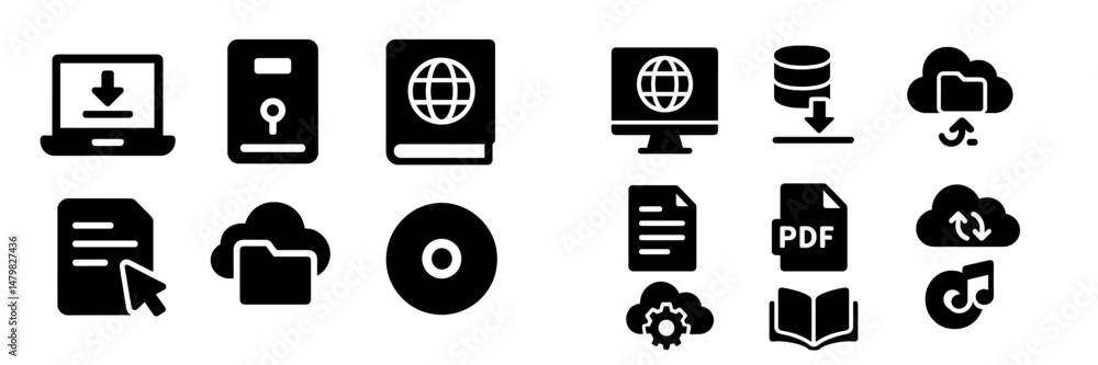 Fototapete Collection of web icons representing digital activities and storage options for online navigation and interaction