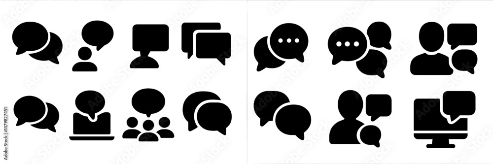 Poster collection of web icons illustrating communication, conversations, and digital interaction across va