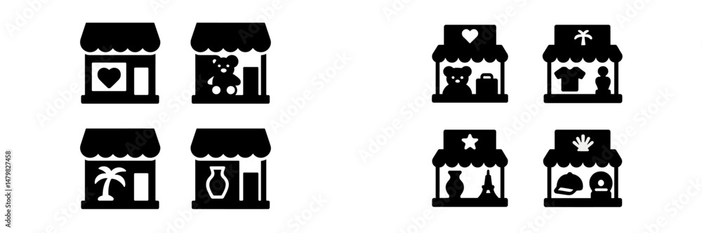 Fototapete set of black web icons representing various storefronts and products for digital design and developm