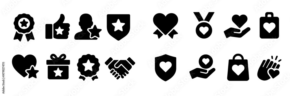 Aufkleber collection of web icons depicting various symbols of recognition, interaction, and care for digital 