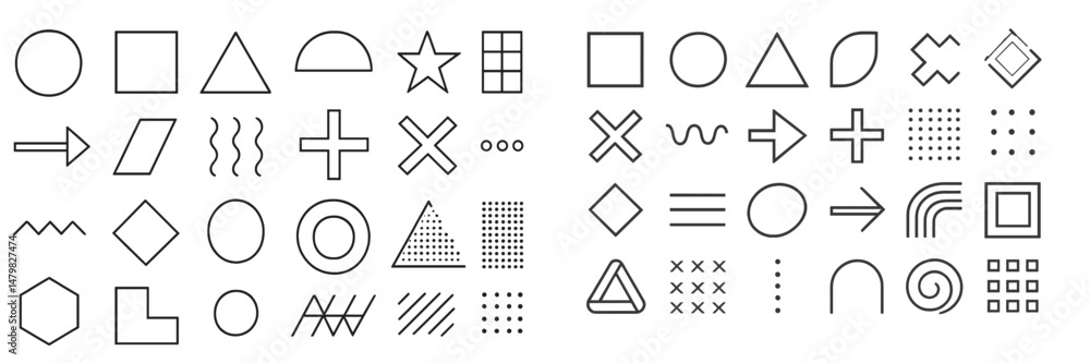 Poster set of web icons featuring geometric shapes and symbols for design and user interface applications