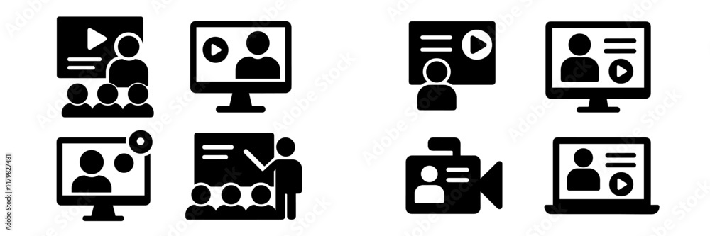 Poster collection of web icons for online learning and video conferencing tools used in education environme