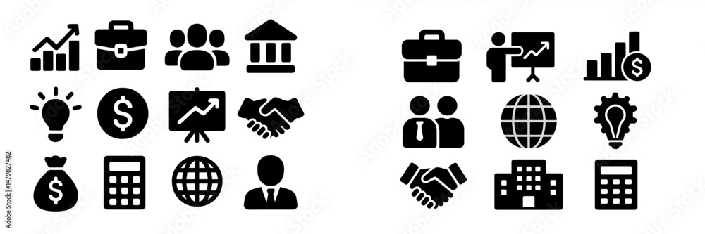 Poster Collection of black web icons representing business concepts and collaboration practices effectively arranged
