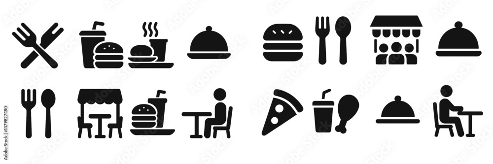 Poster Collection of web icons representing food and dining activities with various utensils and meal types suitable for design and development