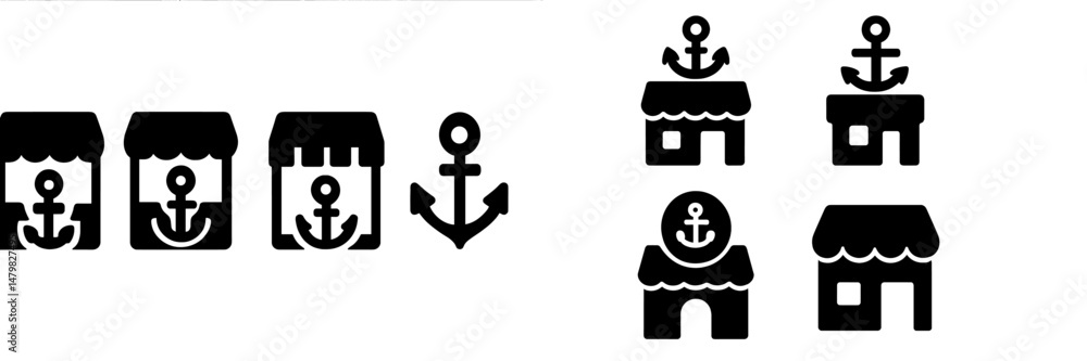 Fototapete set of minimalistic web icons featuring anchor symbols and digital storefronts in black design for w