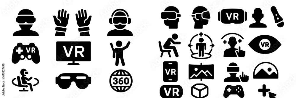 Poster Set of black web icons representing virtual reality concepts and activities in gaming and technology