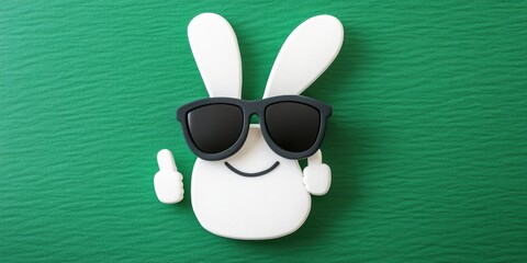 White rabbit wearing sunglasses and giving thumbs up on a green background