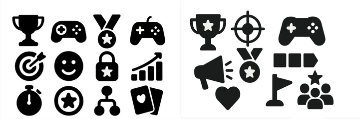 Collection of black web icons representing gaming, achievement, and user interface elements for digital applications