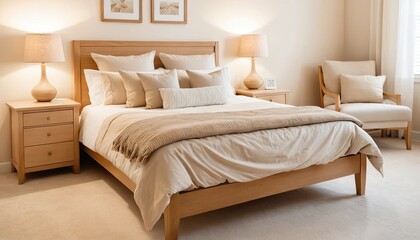 Beige and Cream Bedroom Interior with Wooden Bed and Chair