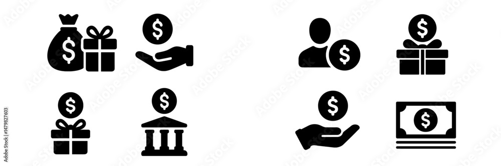 Poster set of web icons depicting finance, gift, and transaction concepts for digital applications and webs