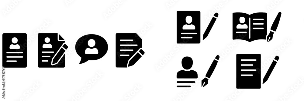 Poster collection of black web icons representing various document and user interactions for digital commun