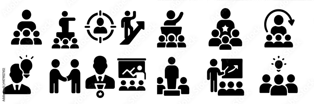 Poster Collection of diverse web icons representing teamwork, leadership, and communication for digital platforms