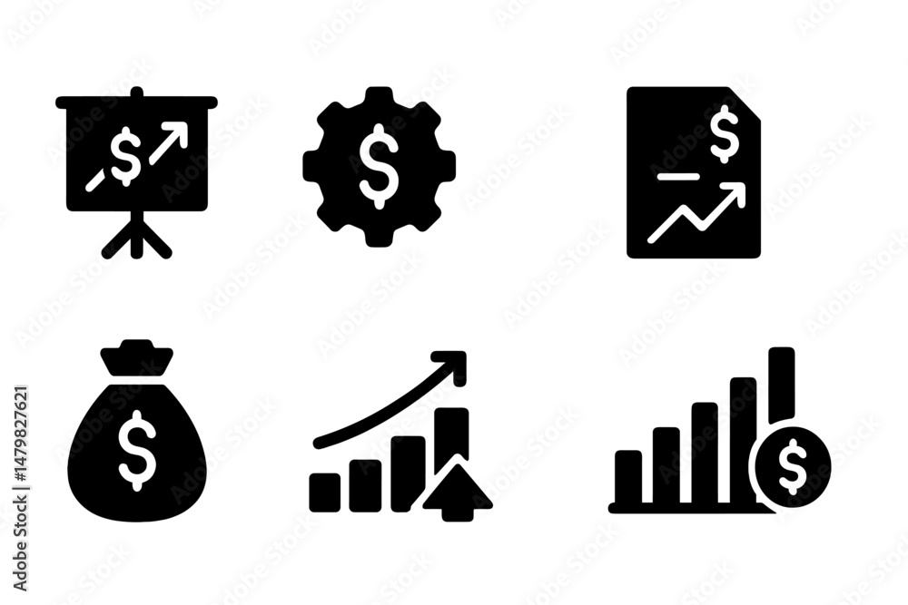 Aufkleber collection of black web icons representing finance and business growth for digital applications